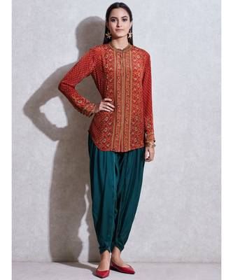 Band Collar Full Sleeves Rust & Beige Kurti 1