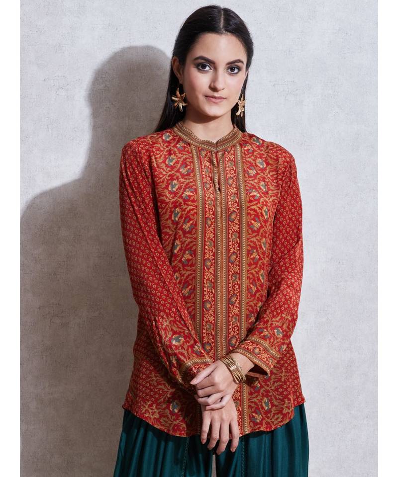 Band Collar Full Sleeves Rust & Beige Kurti