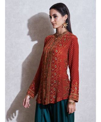 Band Collar Full Sleeves Rust & Beige Kurti 3
