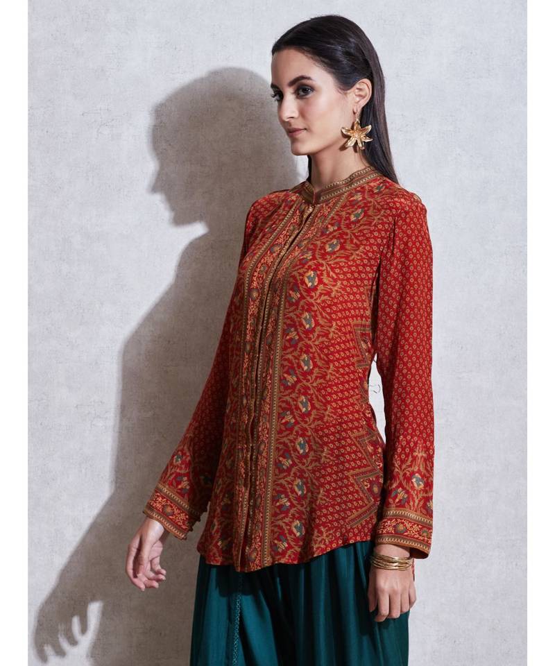 Band Collar Full Sleeves Rust & Beige Kurti