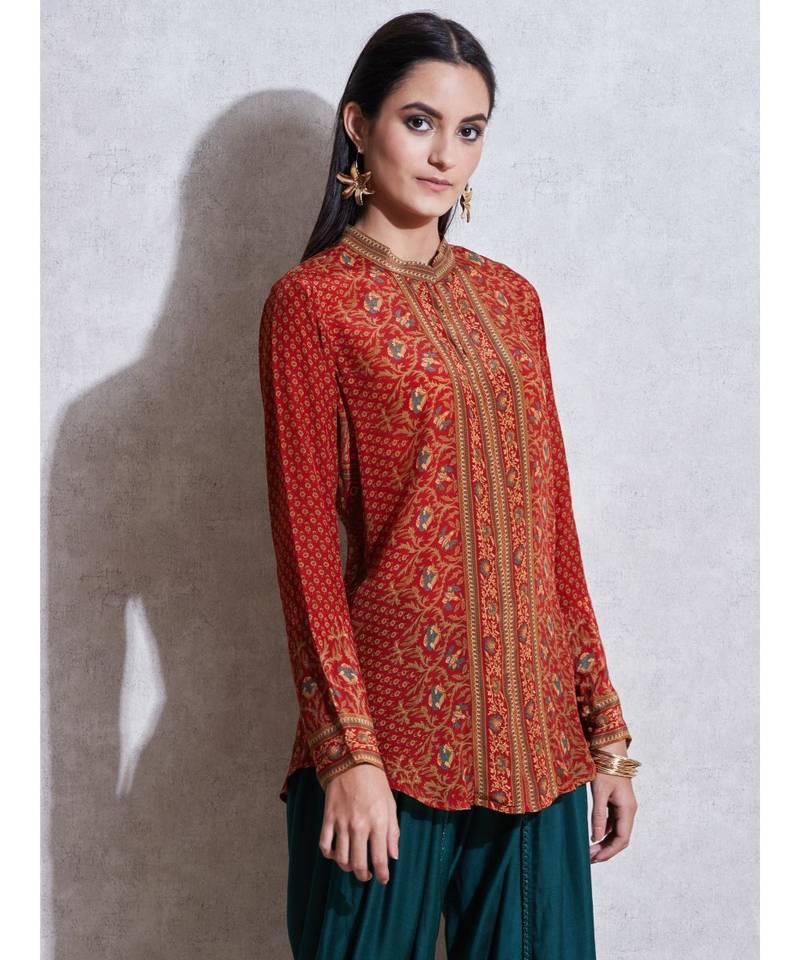 Band Collar Full Sleeves Rust & Beige Kurti