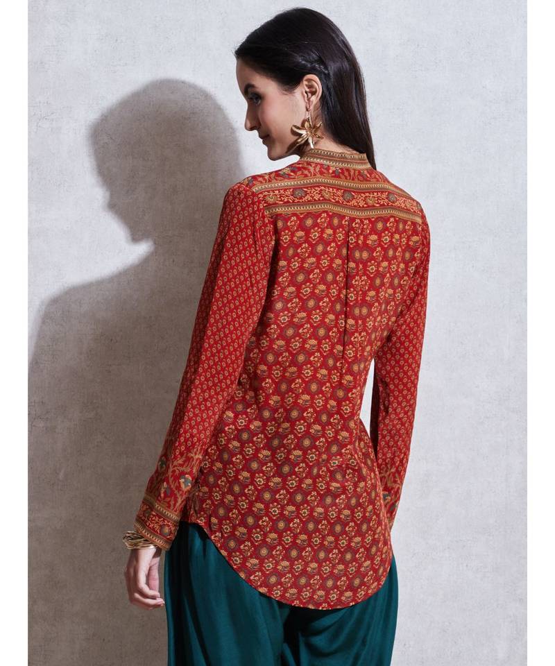 Band Collar Full Sleeves Rust & Beige Kurti