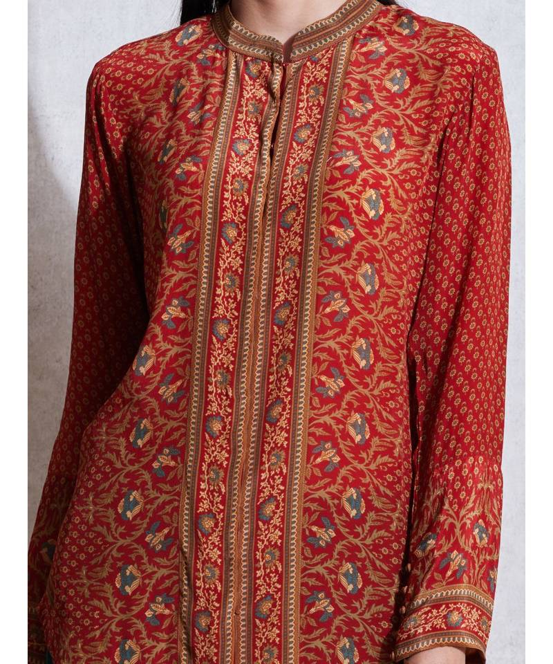 Band Collar Full Sleeves Rust & Beige Kurti