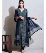 V Neck 3/4 Sleeves Kurta With Churidar & Dupatta