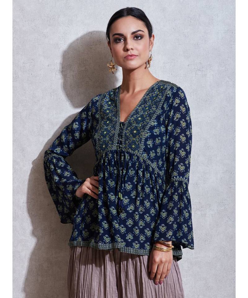 V Neck Flounce Sleeves Geometric Floral Kurti