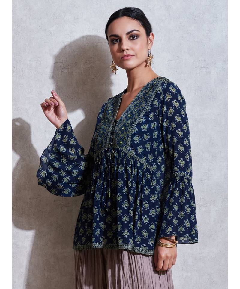 V Neck Flounce Sleeves Geometric Floral Kurti