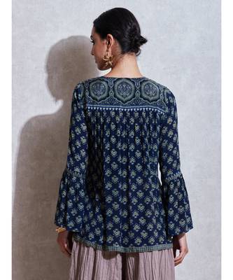 V Neck Flounce Sleeves Geometric Floral Kurti 5