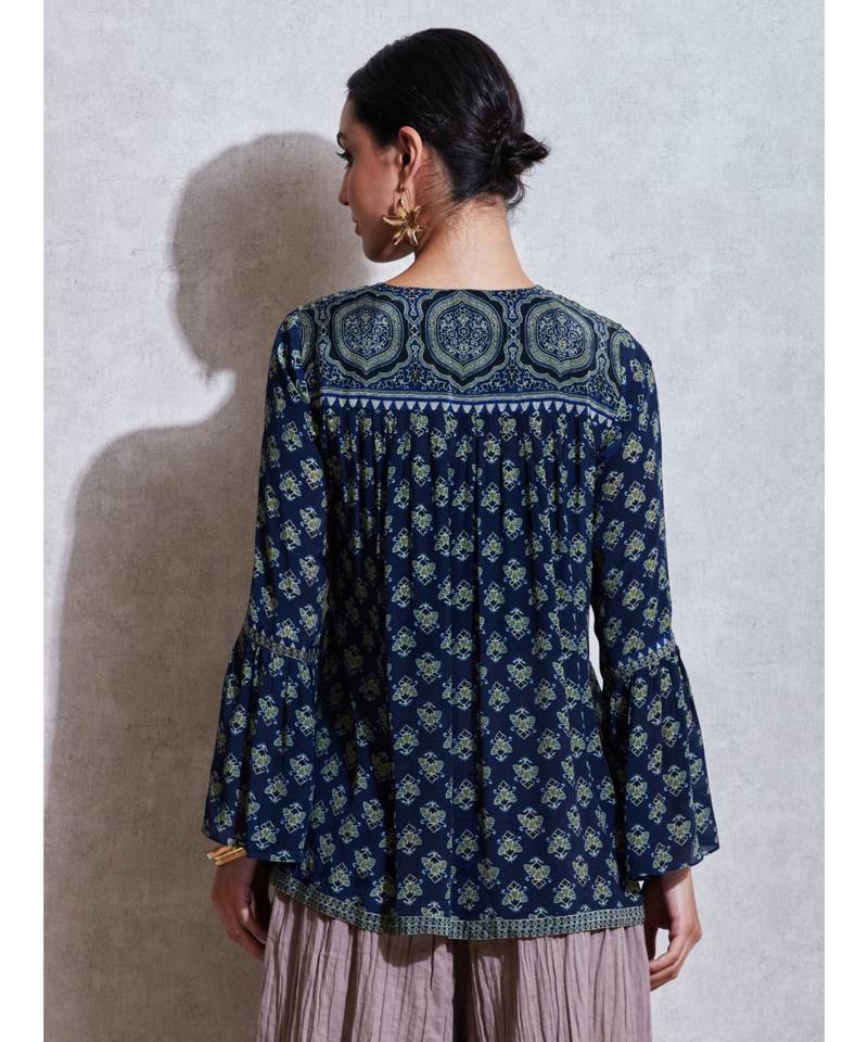 V Neck Flounce Sleeves Geometric Floral Kurti