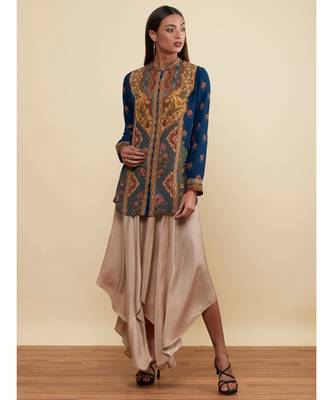 Band Collar Full Sleeves Navy/Multi Floral/Tropical Kurti 1