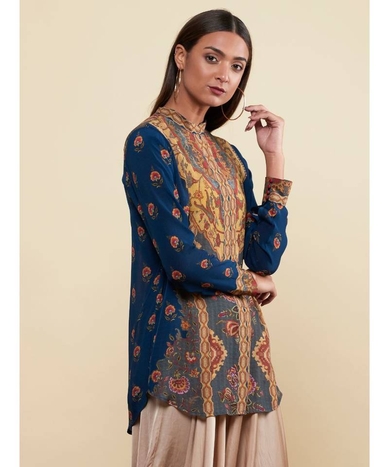 Band Collar Full Sleeves Navy/Multi Floral/Tropical Kurti