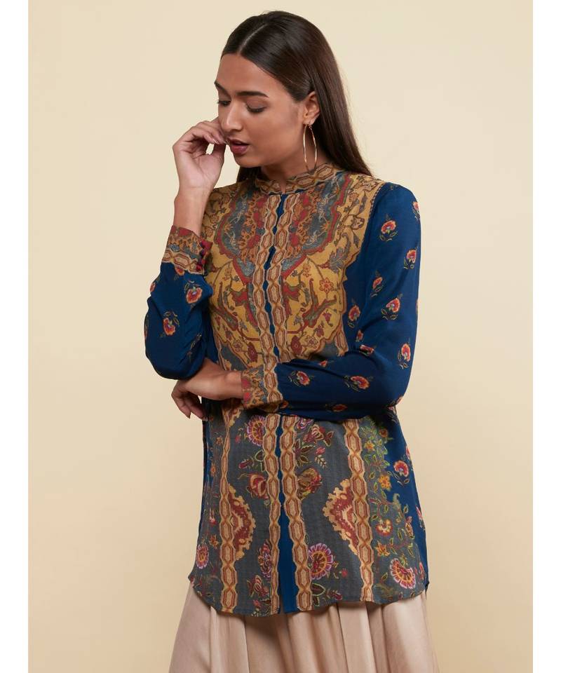 Band Collar Full Sleeves Navy/Multi Floral/Tropical Kurti