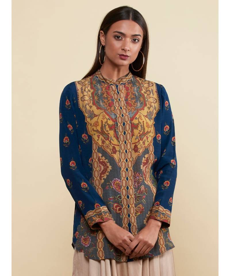 Band Collar Full Sleeves Navy/Multi Floral/Tropical Kurti