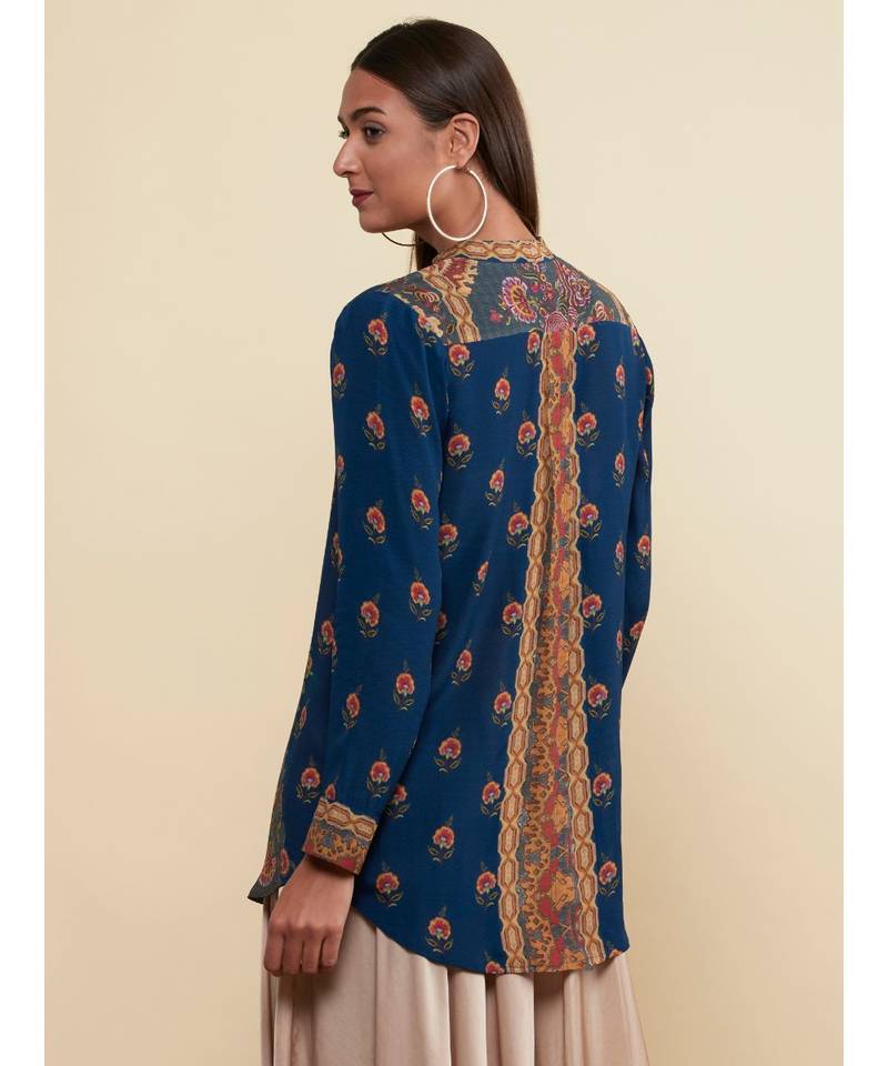 Band Collar Full Sleeves Navy/Multi Floral/Tropical Kurti