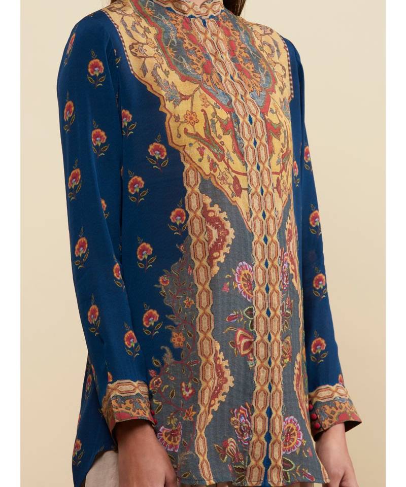 Band Collar Full Sleeves Navy/Multi Floral/Tropical Kurti