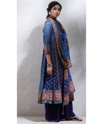 Round Neck Full Sleeves Indigo/ Smoky Blue Geometric Kurta With Pant And Dupatta 1