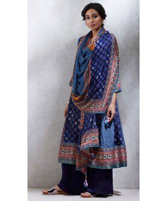 Round Neck Full Sleeves Indigo/ Smoky Blue Geometric Kurta With Pant And Dupatta 2