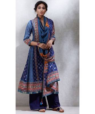 Round Neck Full Sleeves Indigo/ Smoky Blue Geometric Kurta With Pant And Dupatta 3