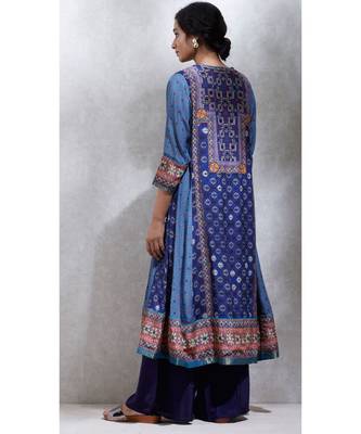 Round Neck Full Sleeves Indigo/ Smoky Blue Geometric Kurta With Pant And Dupatta 5
