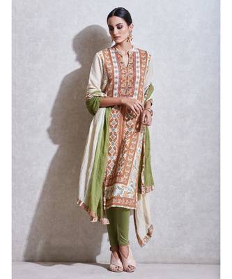 Ecru & Rust Embroidered Kurta with Churidar and Dupatta 1
