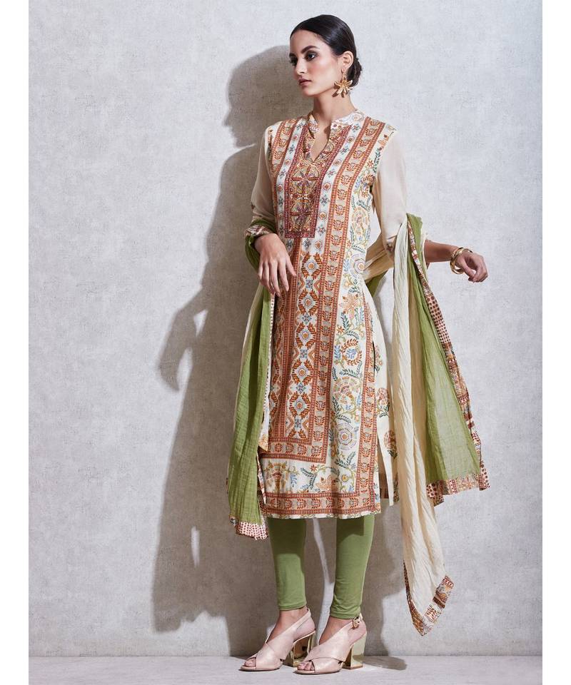 Ecru & Rust Embroidered Kurta with Churidar and Dupatta