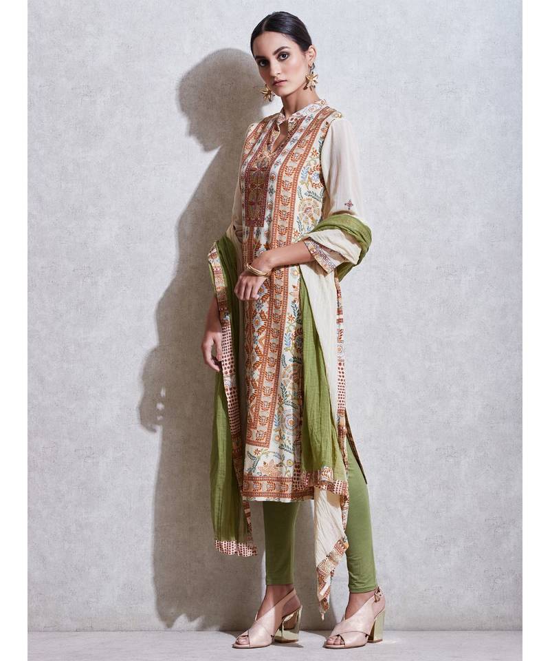 Ecru & Rust Embroidered Kurta with Churidar and Dupatta