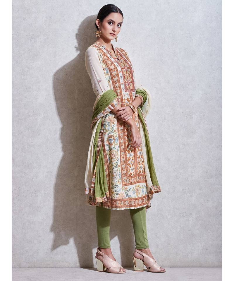 Ecru & Rust Embroidered Kurta with Churidar and Dupatta