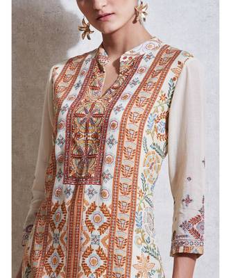 Ecru & Rust Embroidered Kurta with Churidar and Dupatta 6