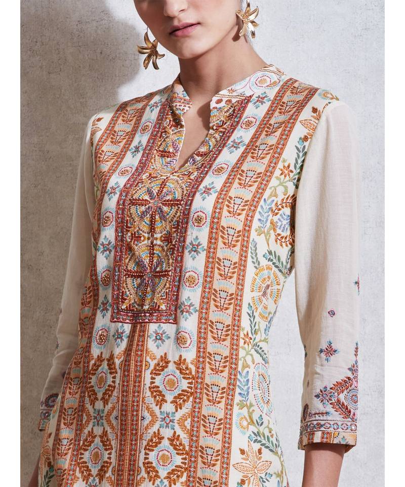 Ecru & Rust Embroidered Kurta with Churidar and Dupatta