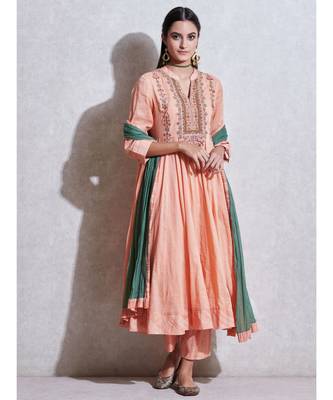 Peach Embroidered Anarkali Kurta with Pant and Dupatta 1