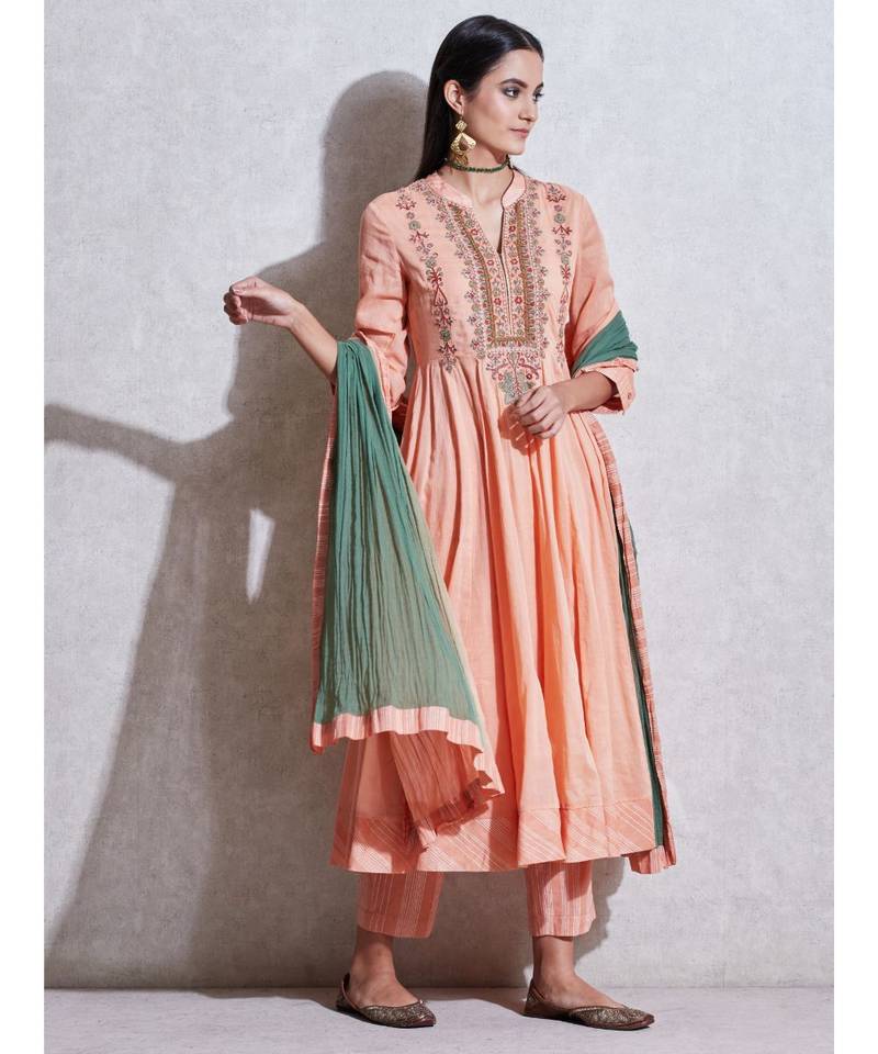 Peach Embroidered Anarkali Kurta with Pant and Dupatta