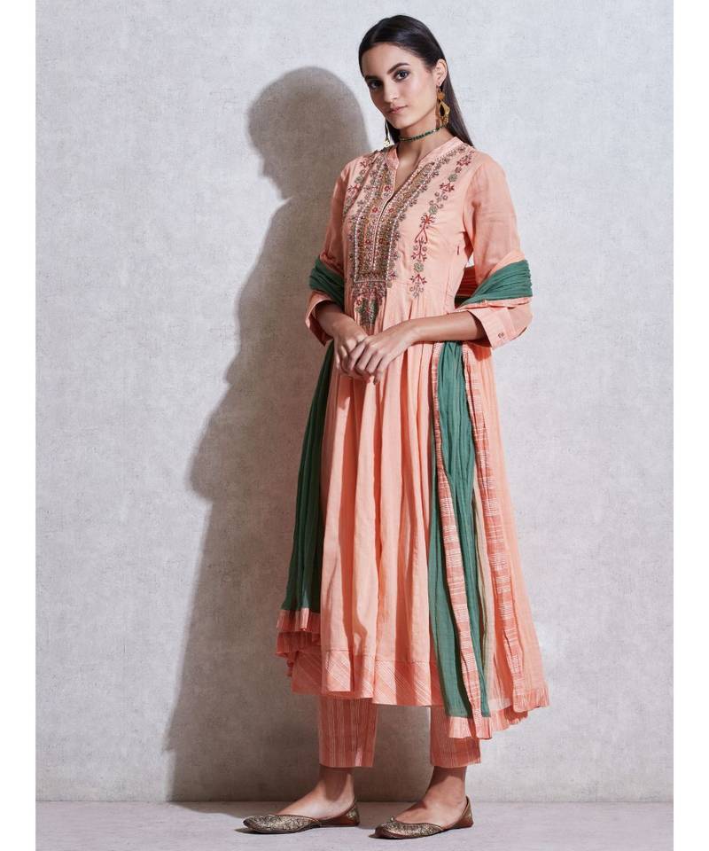 Peach Embroidered Anarkali Kurta with Pant and Dupatta