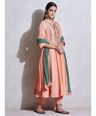 Peach Embroidered Anarkali Kurta with Pant and Dupatta 4