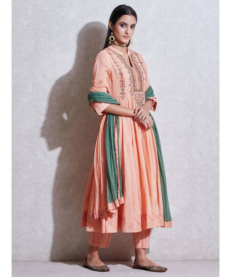 Peach Embroidered Anarkali Kurta with Pant and Dupatta
