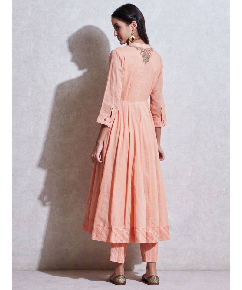 Peach Embroidered Anarkali Kurta with Pant and Dupatta