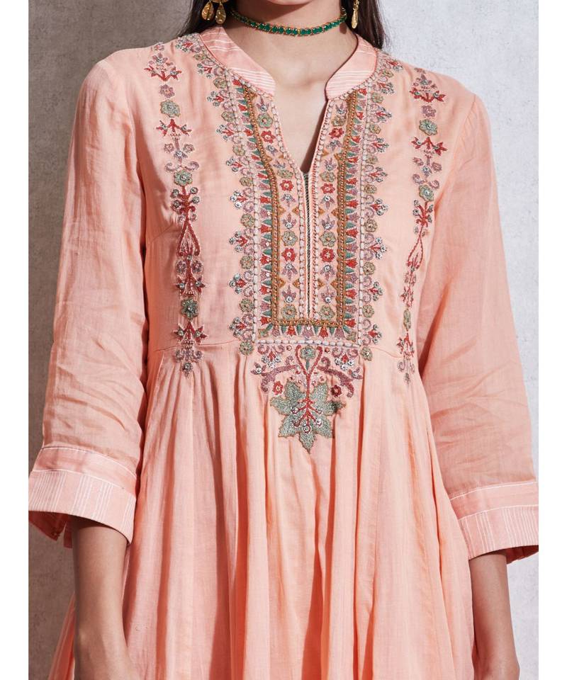 Peach Embroidered Anarkali Kurta with Pant and Dupatta