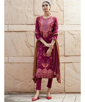 Magenta Embroidered Kurta with Churidar and Dupatta 1
