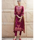 Magenta Embroidered Kurta with Churidar and Dupatta