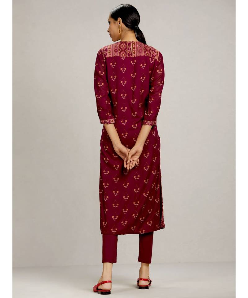 Magenta Embroidered Kurta with Churidar and Dupatta