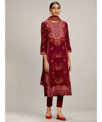 Magenta Embroidered Kurta with Churidar and Dupatta 4