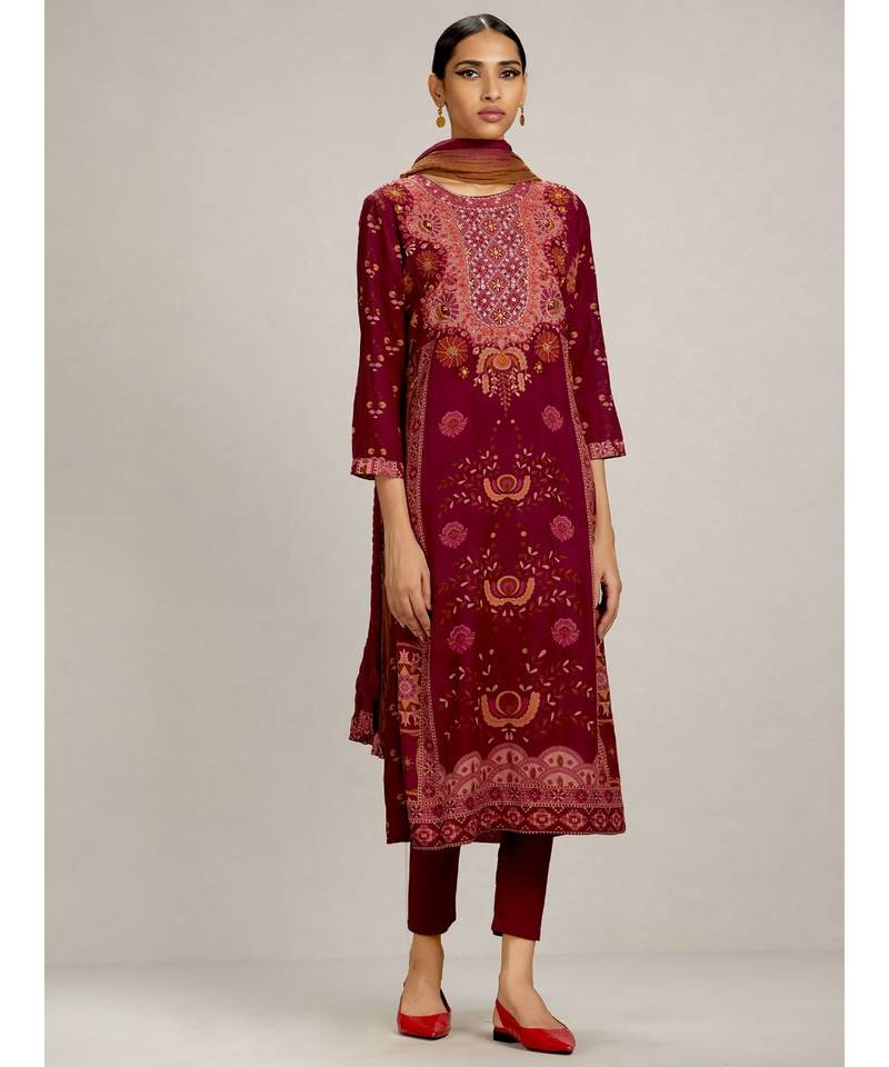 Magenta Embroidered Kurta with Churidar and Dupatta