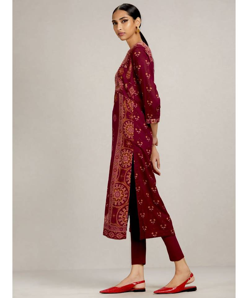 Magenta Embroidered Kurta with Churidar and Dupatta
