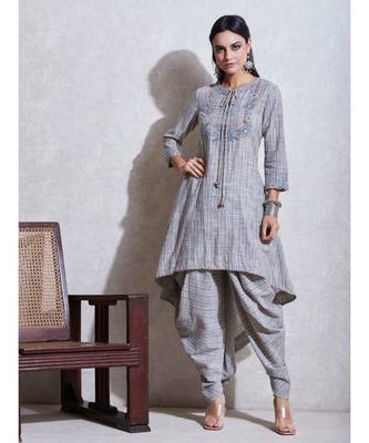 Grey Asymmetrical Cotton Kurta With Dhoti Salwar 1