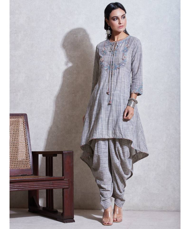 Grey Asymmetrical Cotton Kurta With Dhoti Salwar