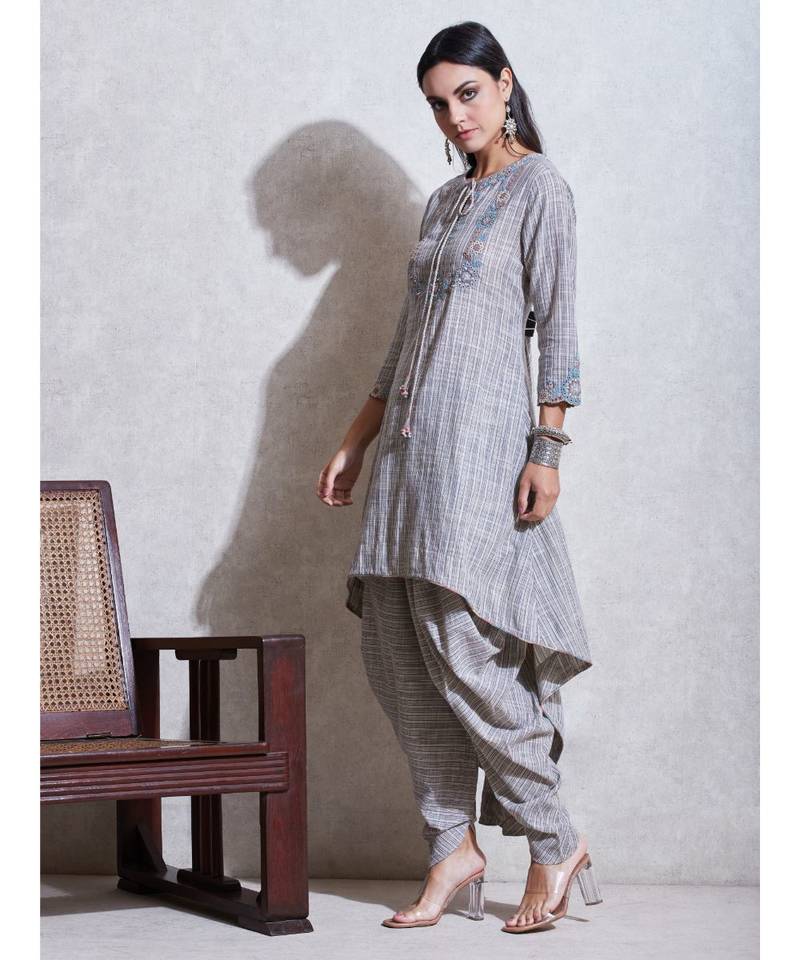Grey Asymmetrical Cotton Kurta With Dhoti Salwar