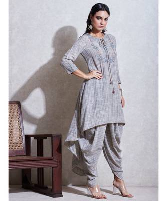 Grey Asymmetrical Cotton Kurta With Dhoti Salwar 4