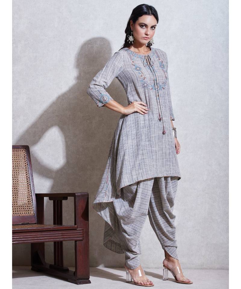 Grey Asymmetrical Cotton Kurta With Dhoti Salwar