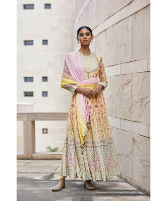 Yellow Floral Anarkali Kurta with Churidar and Dupatta 1