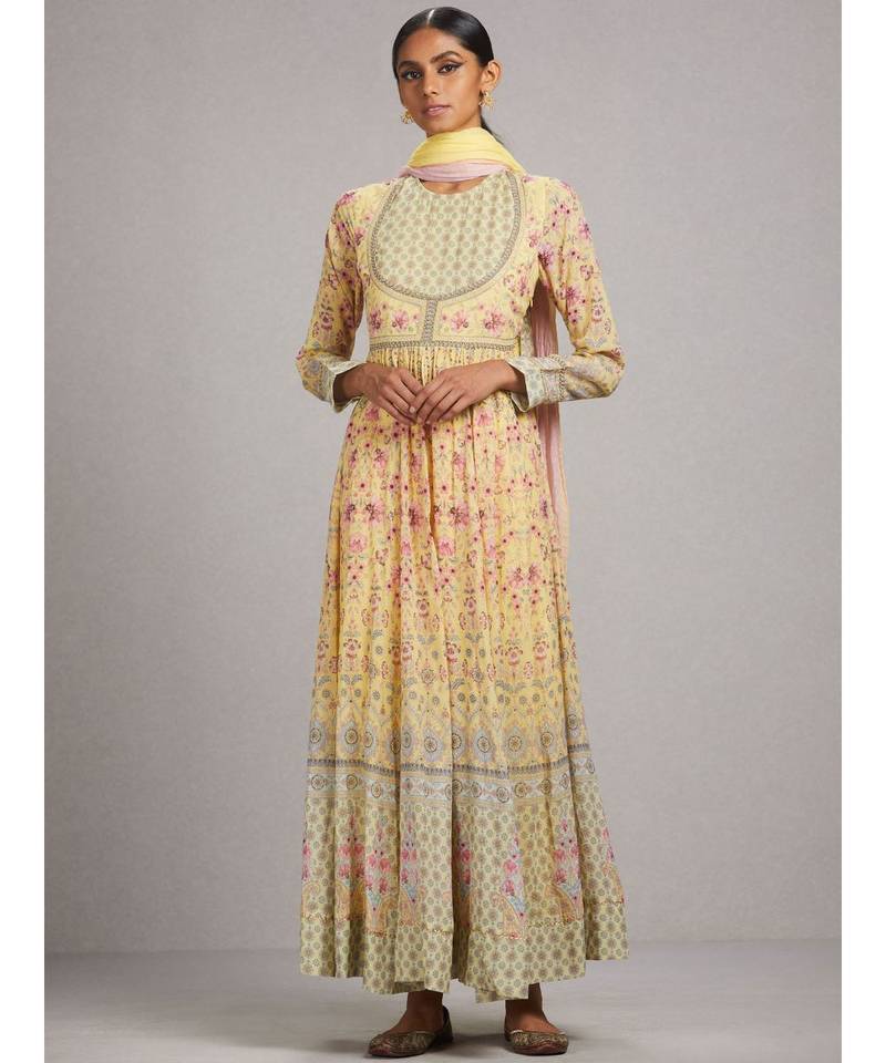 Yellow Floral Anarkali Kurta with Churidar and Dupatta