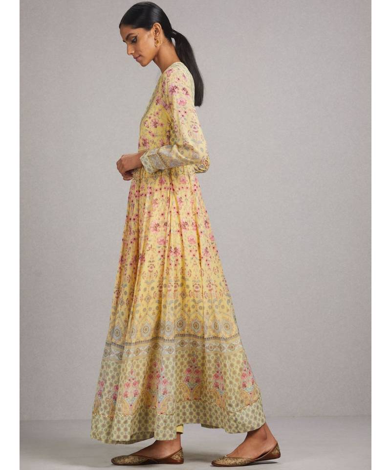 Yellow Floral Anarkali Kurta with Churidar and Dupatta