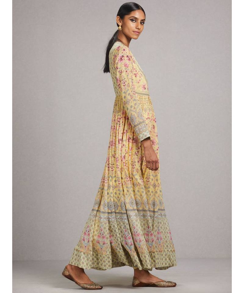 Yellow Floral Anarkali Kurta with Churidar and Dupatta